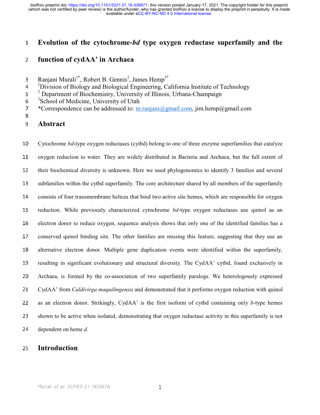 Evolution of the Cytochrome-Bd Type Oxygen Reductase Superfamily and the Function of Cydaa' in Archaea Abstract Introduction