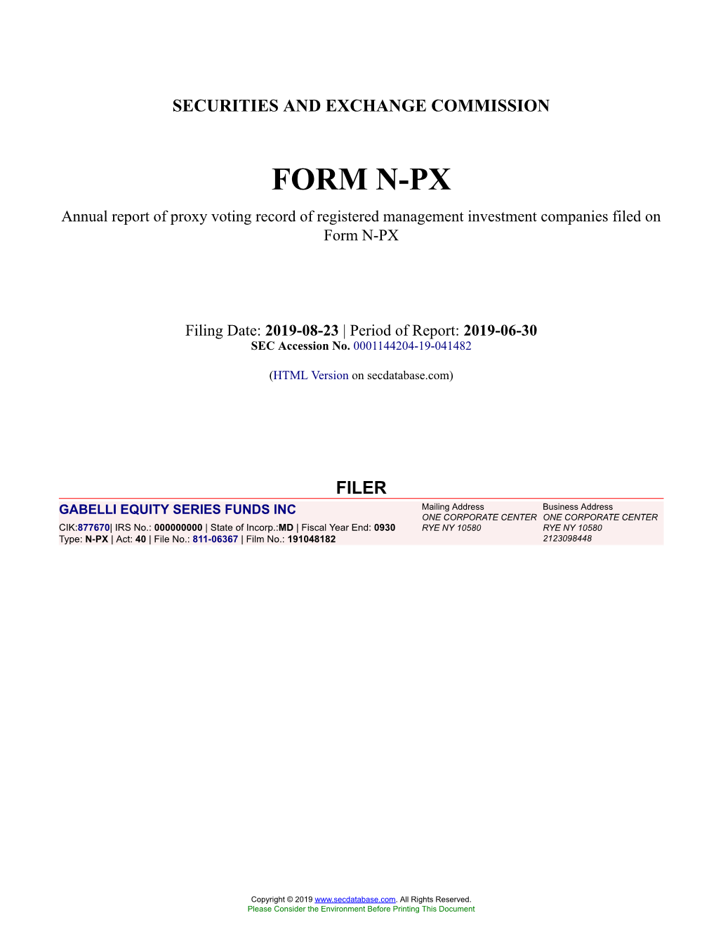 GABELLI EQUITY SERIES FUNDS INC Form N-PX Filed 2019-08-23