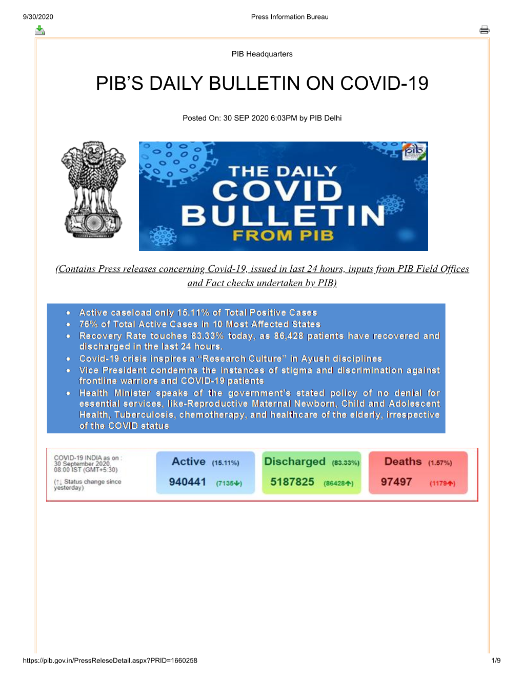 Pib's Daily Bulletin on Covid-19