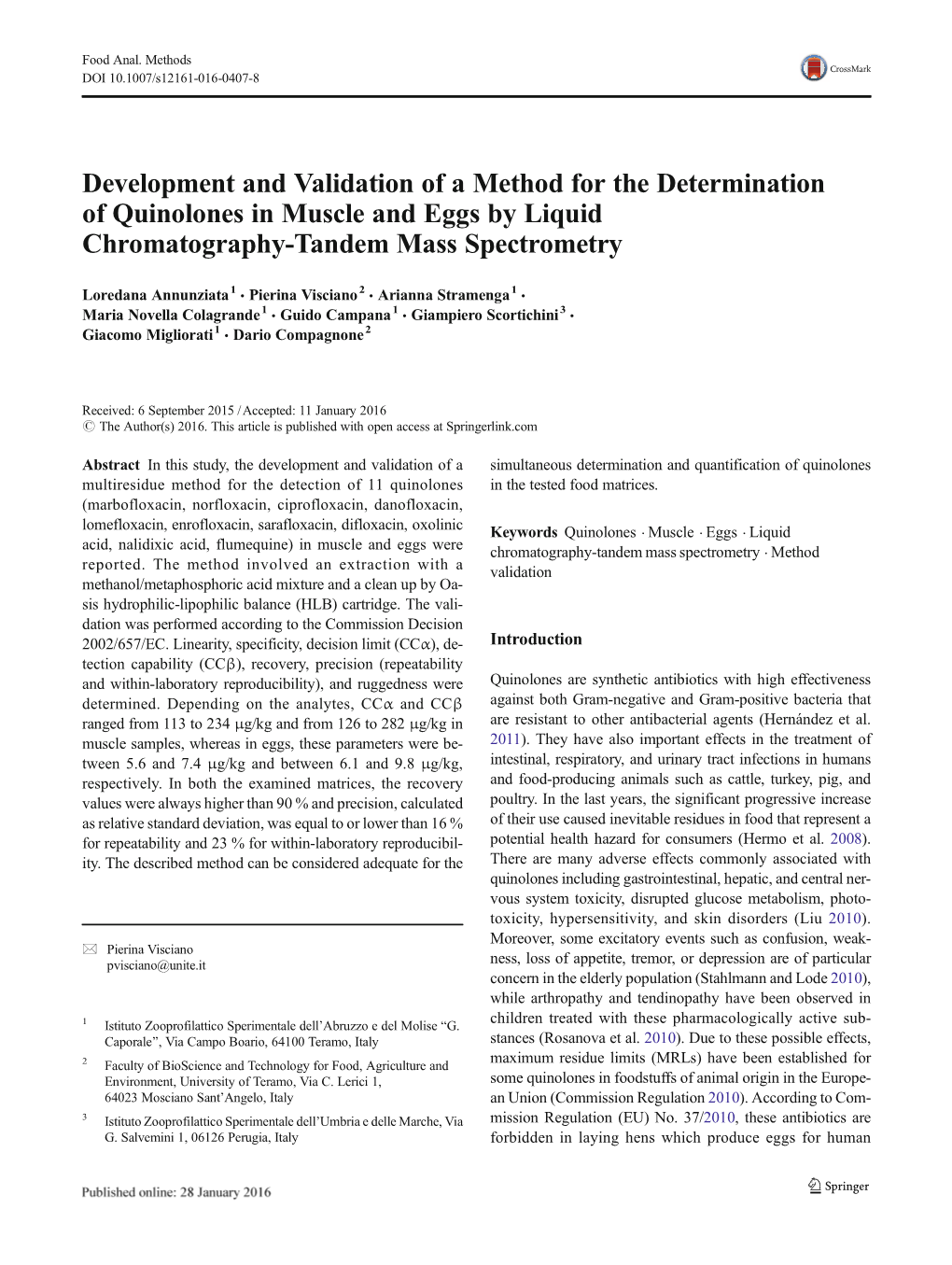 Development and Validation of a Method for the Determination of Quinolones in Muscle and Eggs by Liquid Chromatography-Tandem Mass Spectrometry