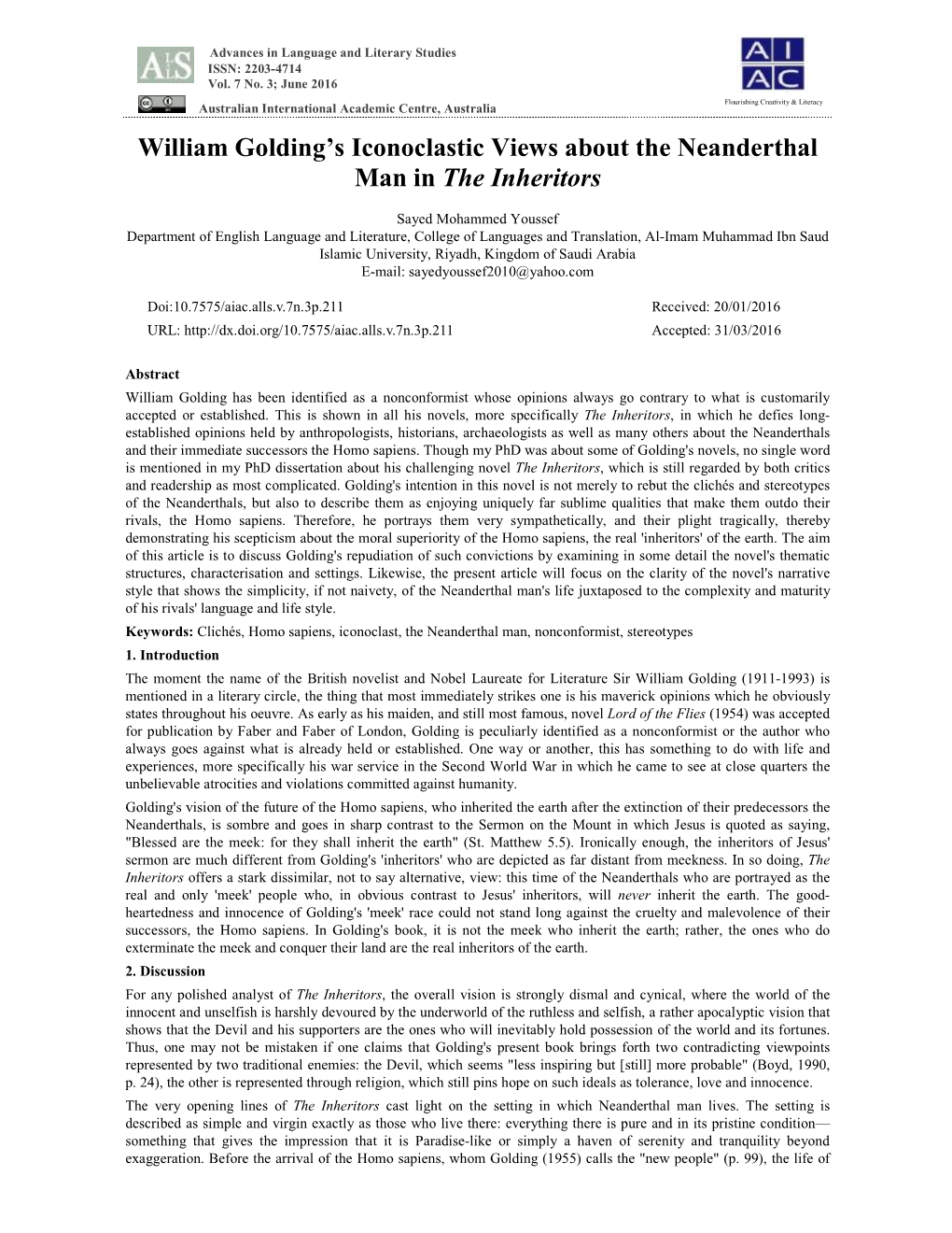 William Golding's Iconoclastic Views About the Neanderthal Man In" the Inheritors"