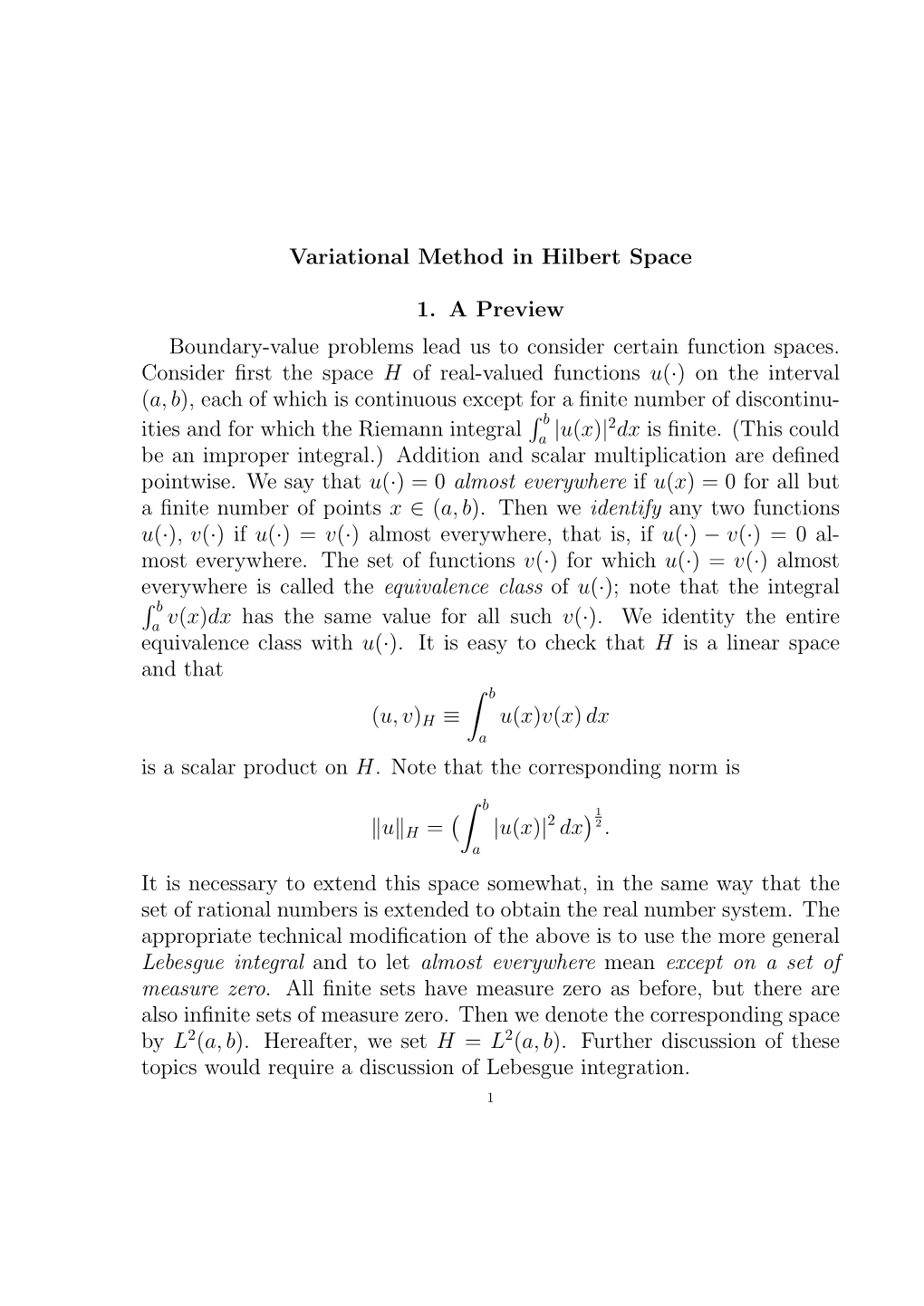 Variational Method in Hilbert Space 1. a Preview Boundary-Value