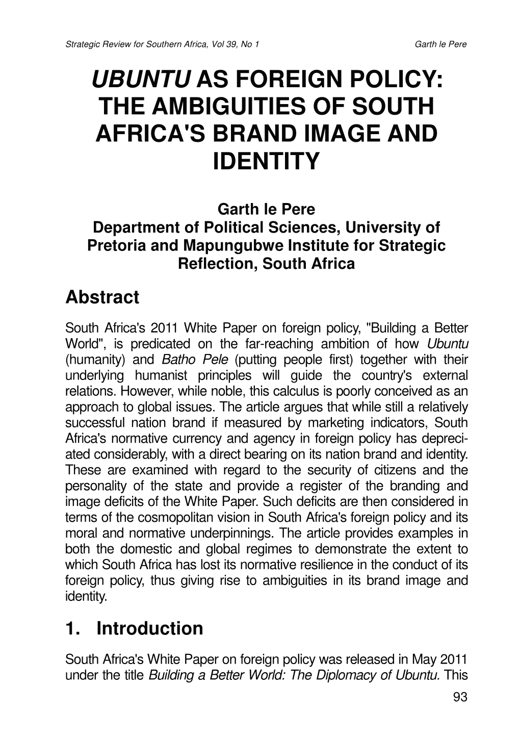 Ubuntu As Foreign Policy: the Ambiguities of South Africa's Brand Image and Identity
