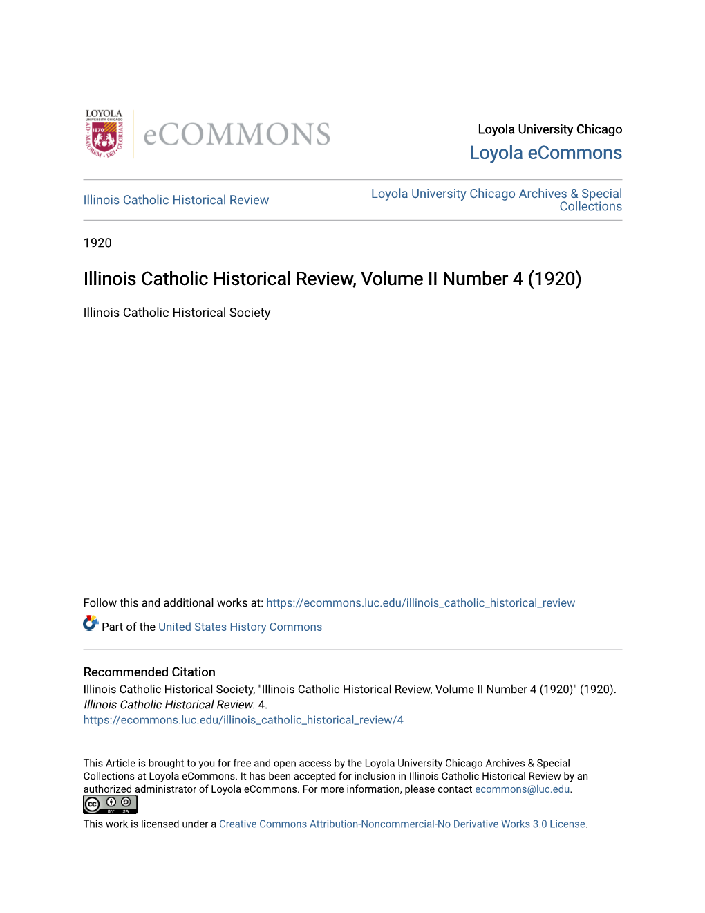 Illinois Catholic Historical Review, Volume II Number 4 (1920)