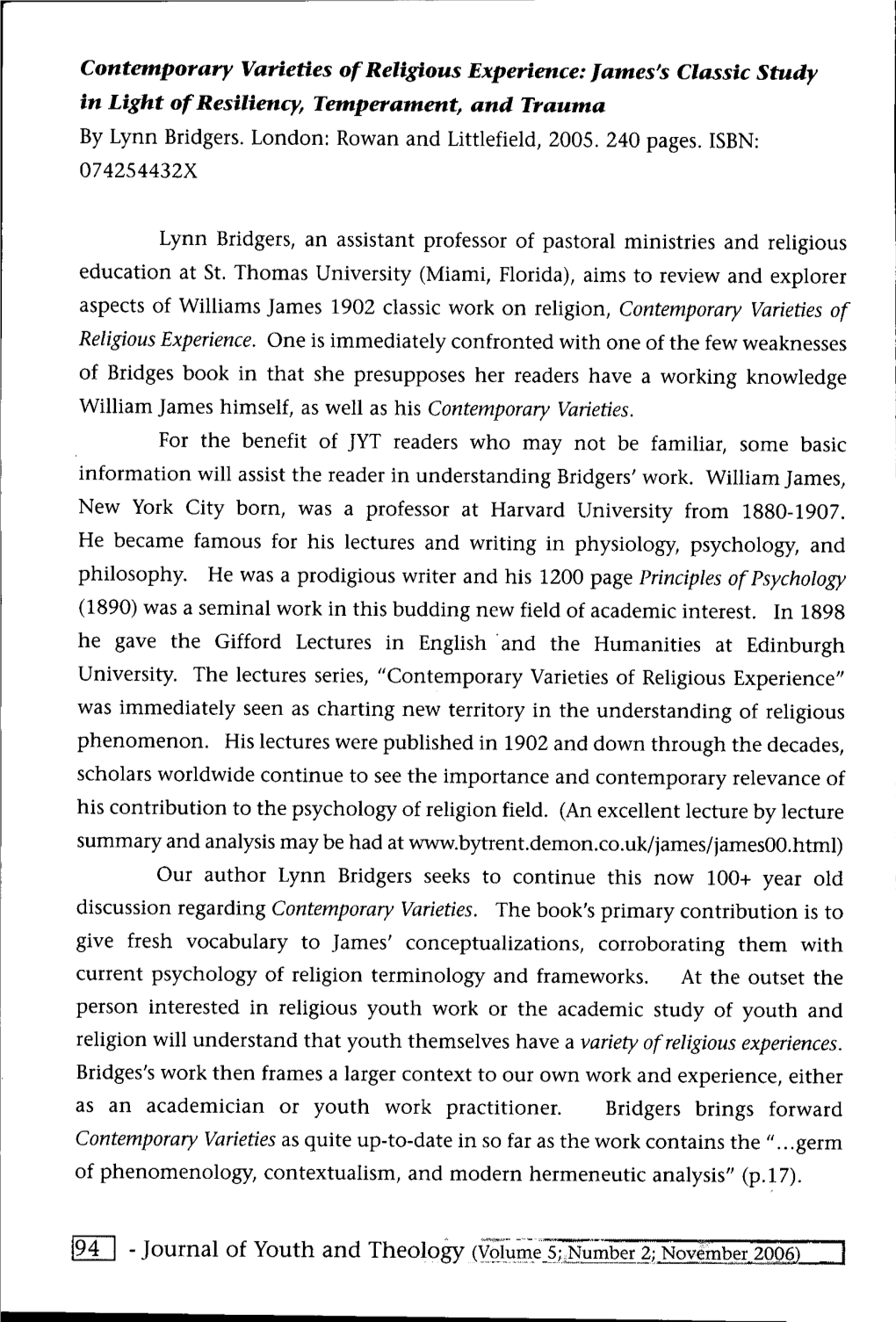 Contemporary Varieties of Religious Experience:James's Classic Study in Light of Resiliency, Temperament, and Trauma I21J -Journ