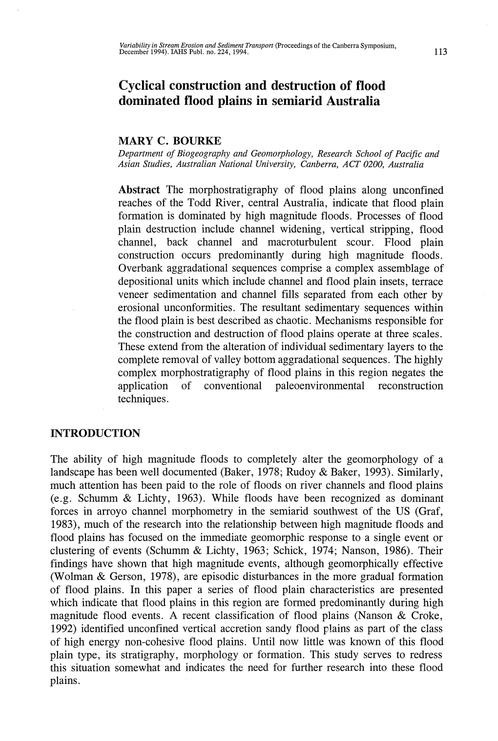 Cyclical Construction and Destruction of Flood Dominated Flood Plains in Semiarid Australia