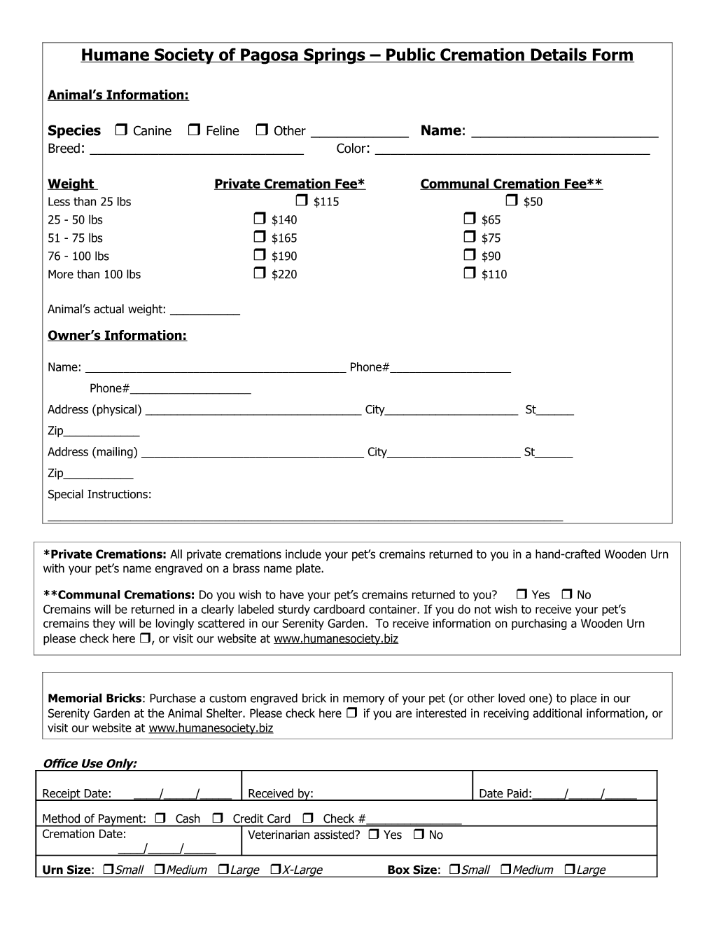 Cremation Planning Sheet