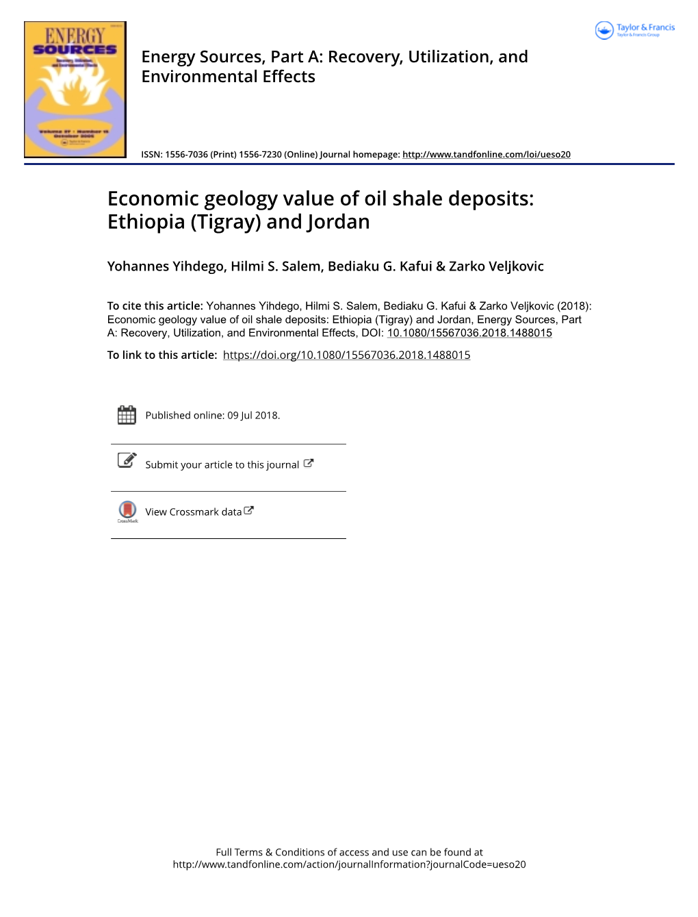 Economic Geology Value of Oil Shale Deposits: Ethiopia (Tigray) and Jordan