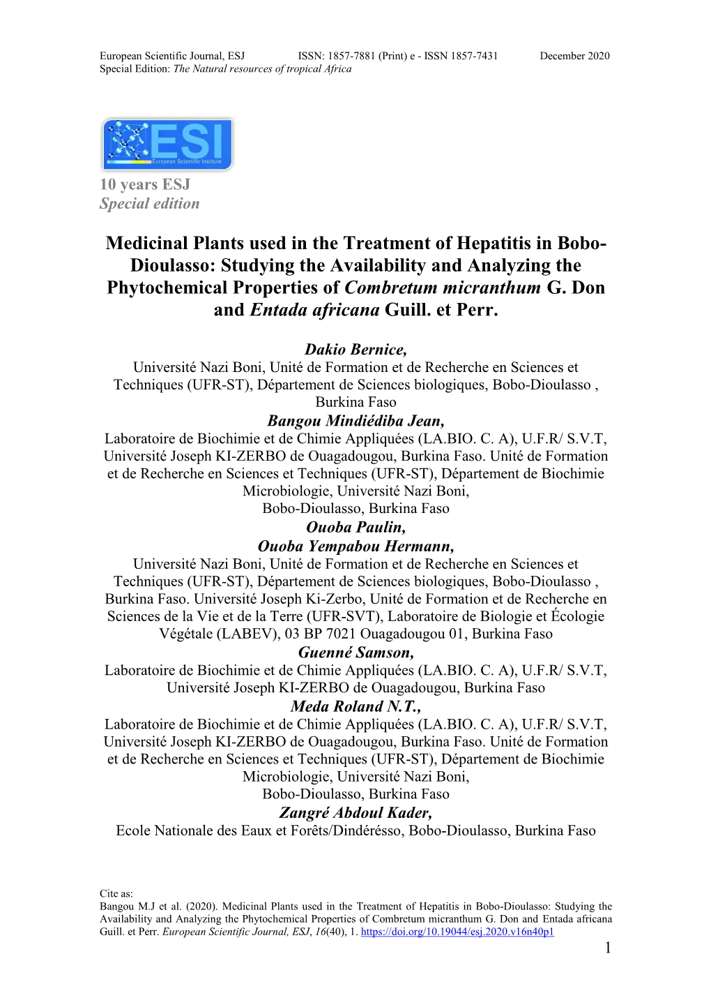 Medicinal Plants Used in the Treatment of Hepatitis in Bobo- Dioulasso: Studying the Availability and Analyzing the Phytochemical Properties of Combretum Micranthum G