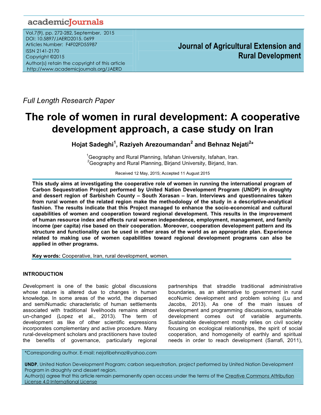 The Role of Women in Rural Development: a Cooperative Development Approach, a Case Study on Iran