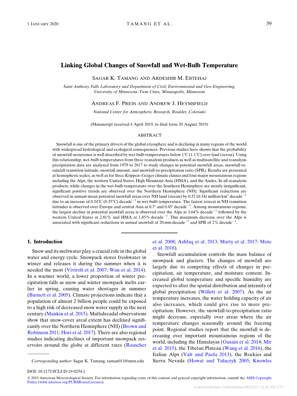 Linking Global Changes of Snowfall and Wet-Bulb Temperature