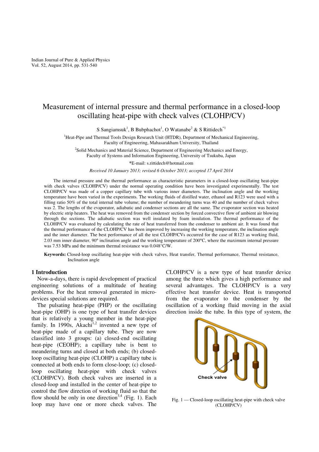 Measurement of Internal Pressure and Thermal Performance in a Closed-Loop Oscillating Heat-Pipe with Check Valves (CLOHP/CV)