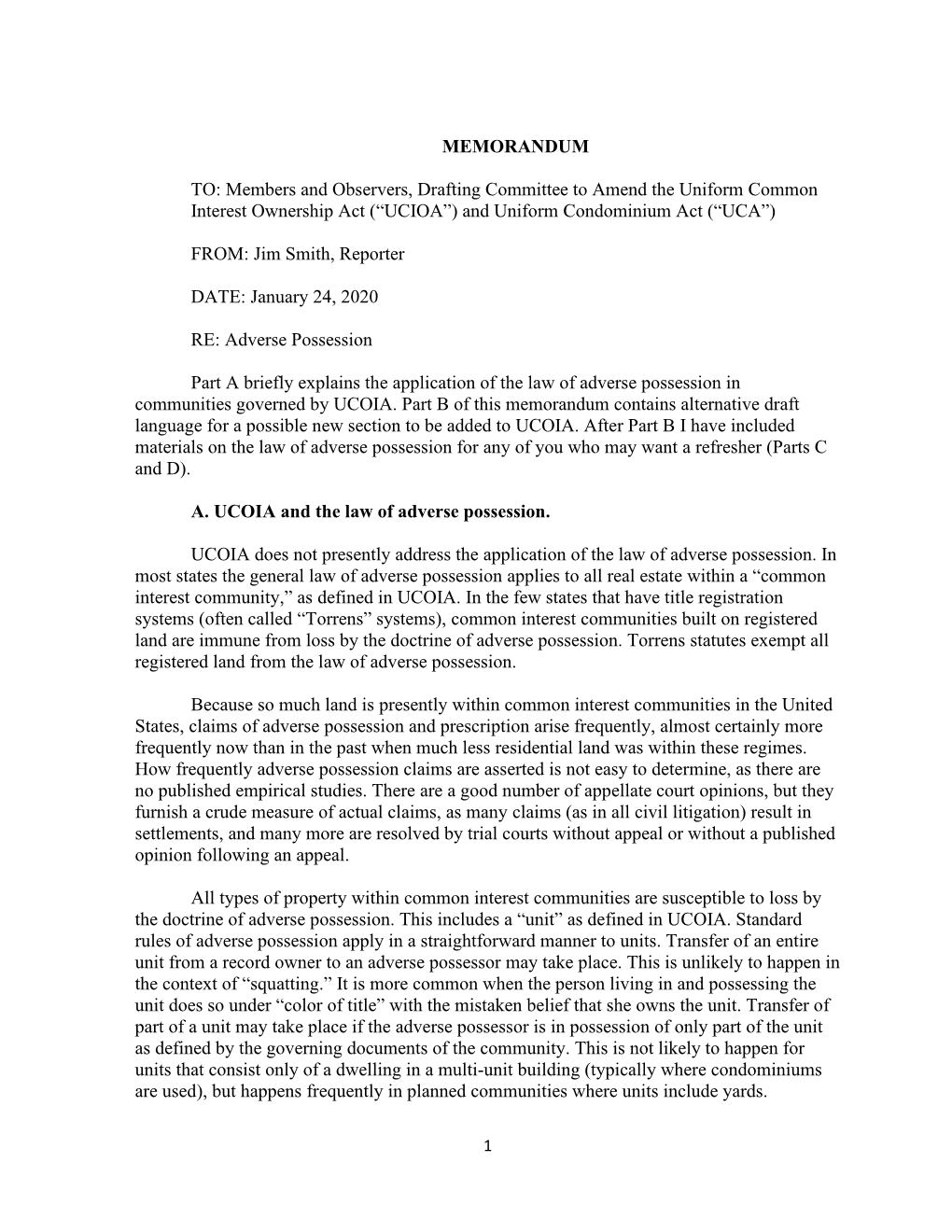 Memorandum on Adverse Possession Common Interst Ownership Act and Unform Condominium