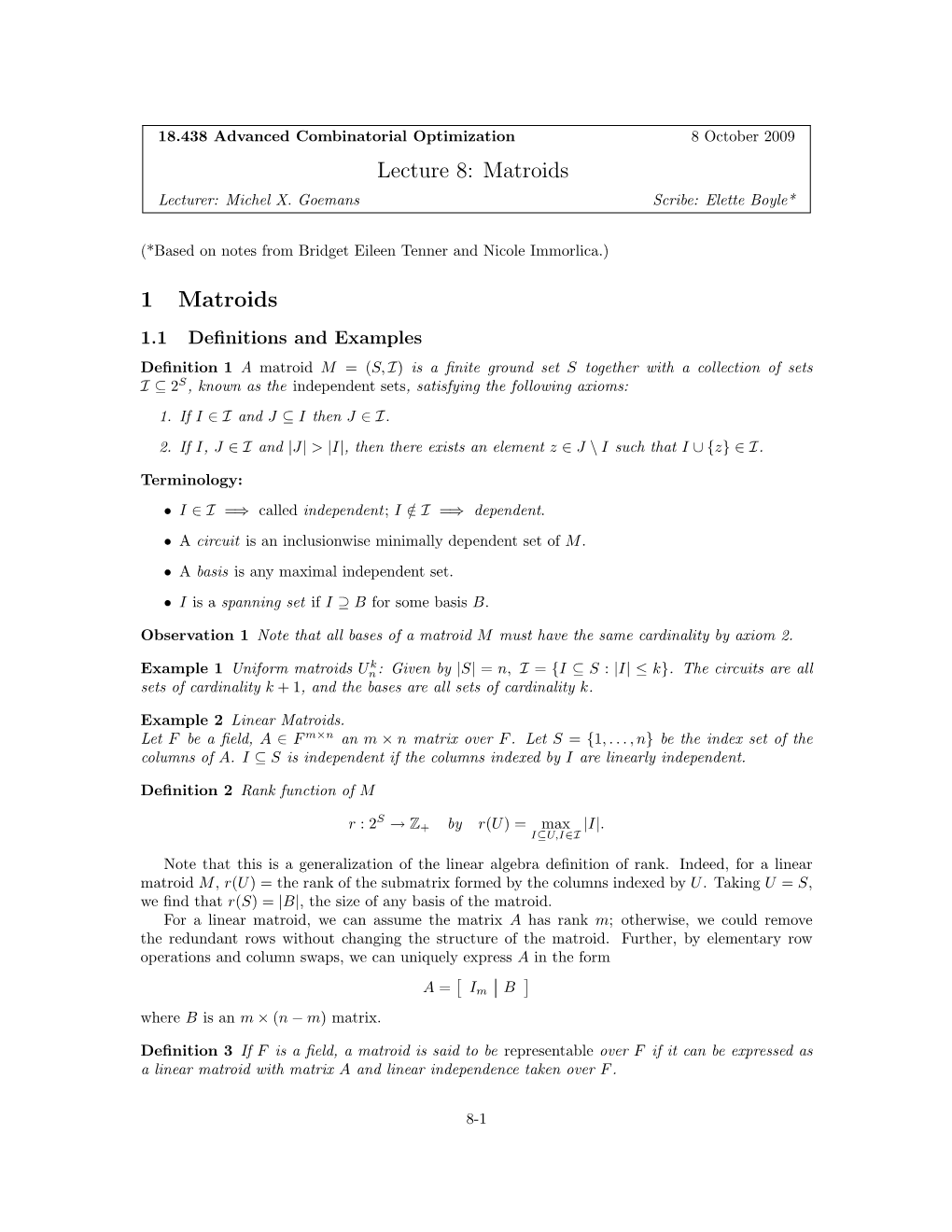 Matroid Definitions