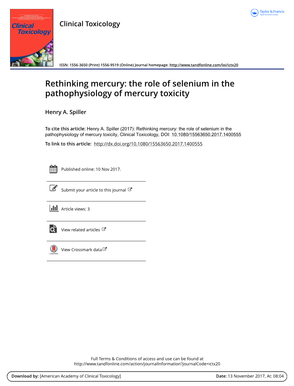 The Role of Selenium in the Pathophysiology of Mercury Toxicity