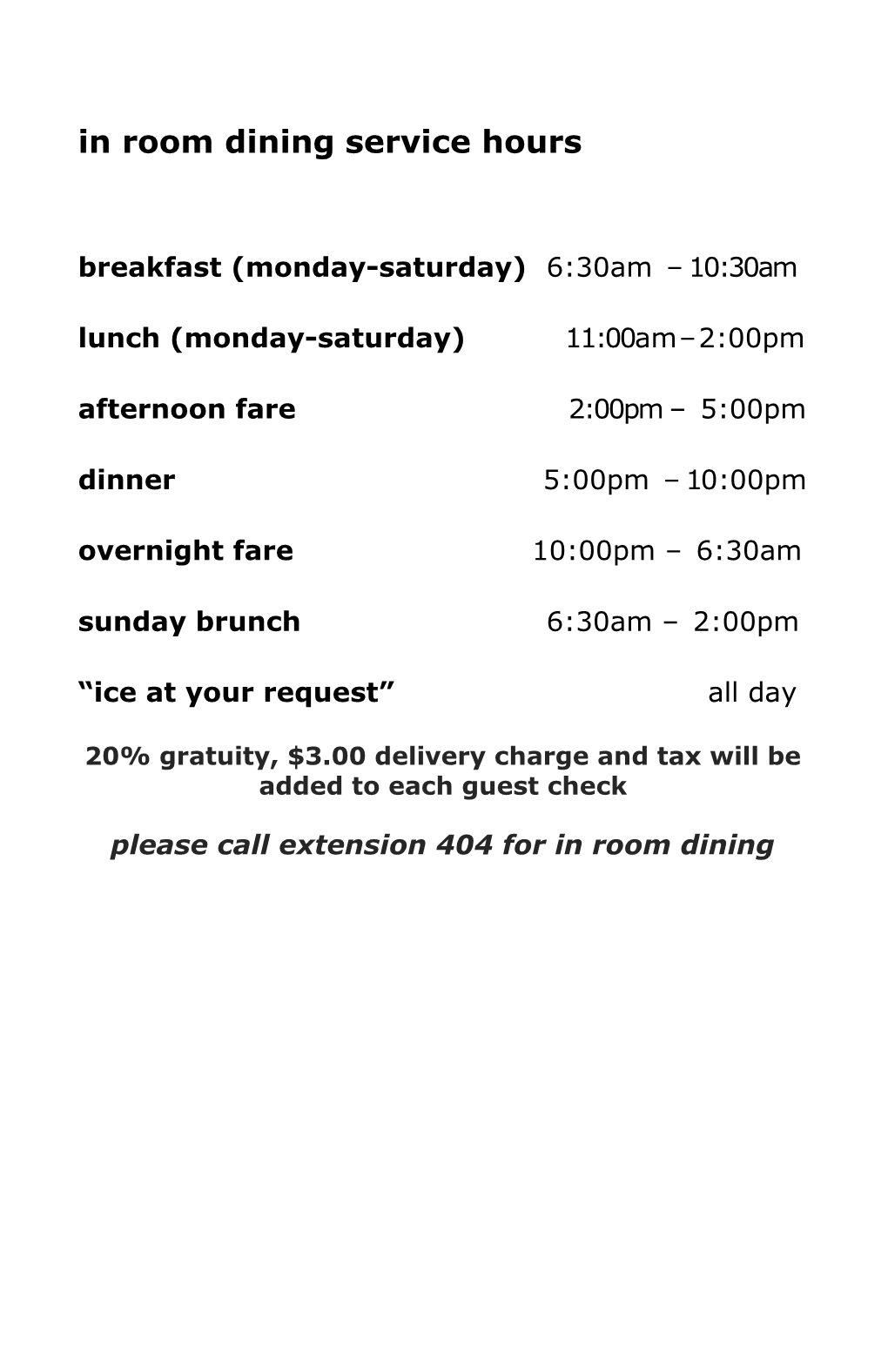 In Room Dining Service Hours