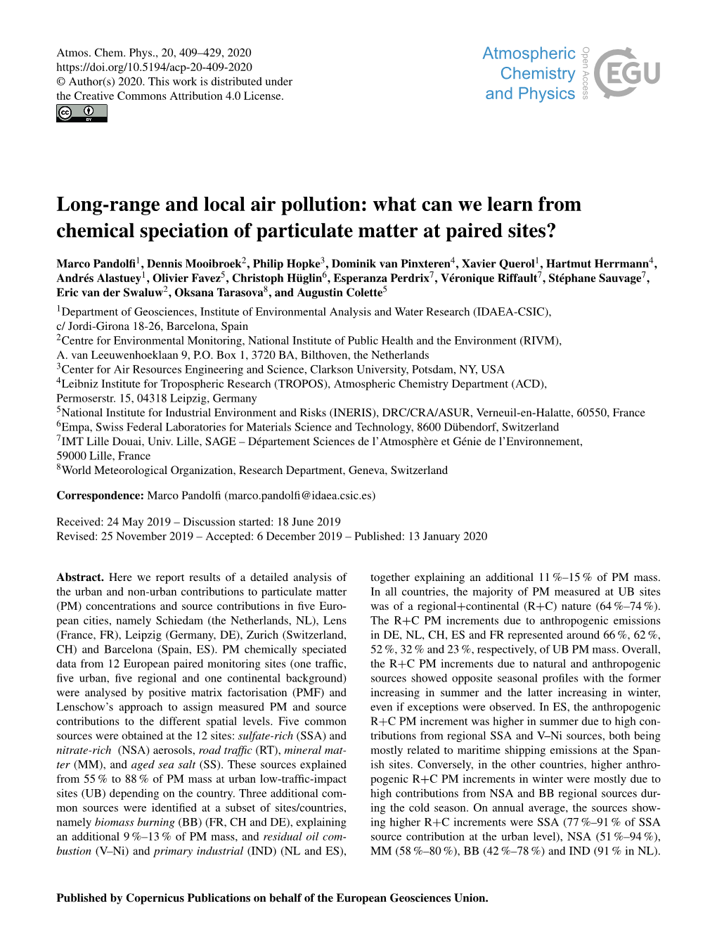 Long-Range and Local Air Pollution: What Can We Learn from Chemical Speciation of Particulate Matter at Paired Sites?