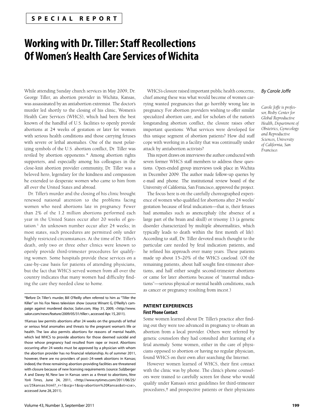 Working with Dr. Tiller: Staff Recollections of Women’S Health Care Services of Wichita