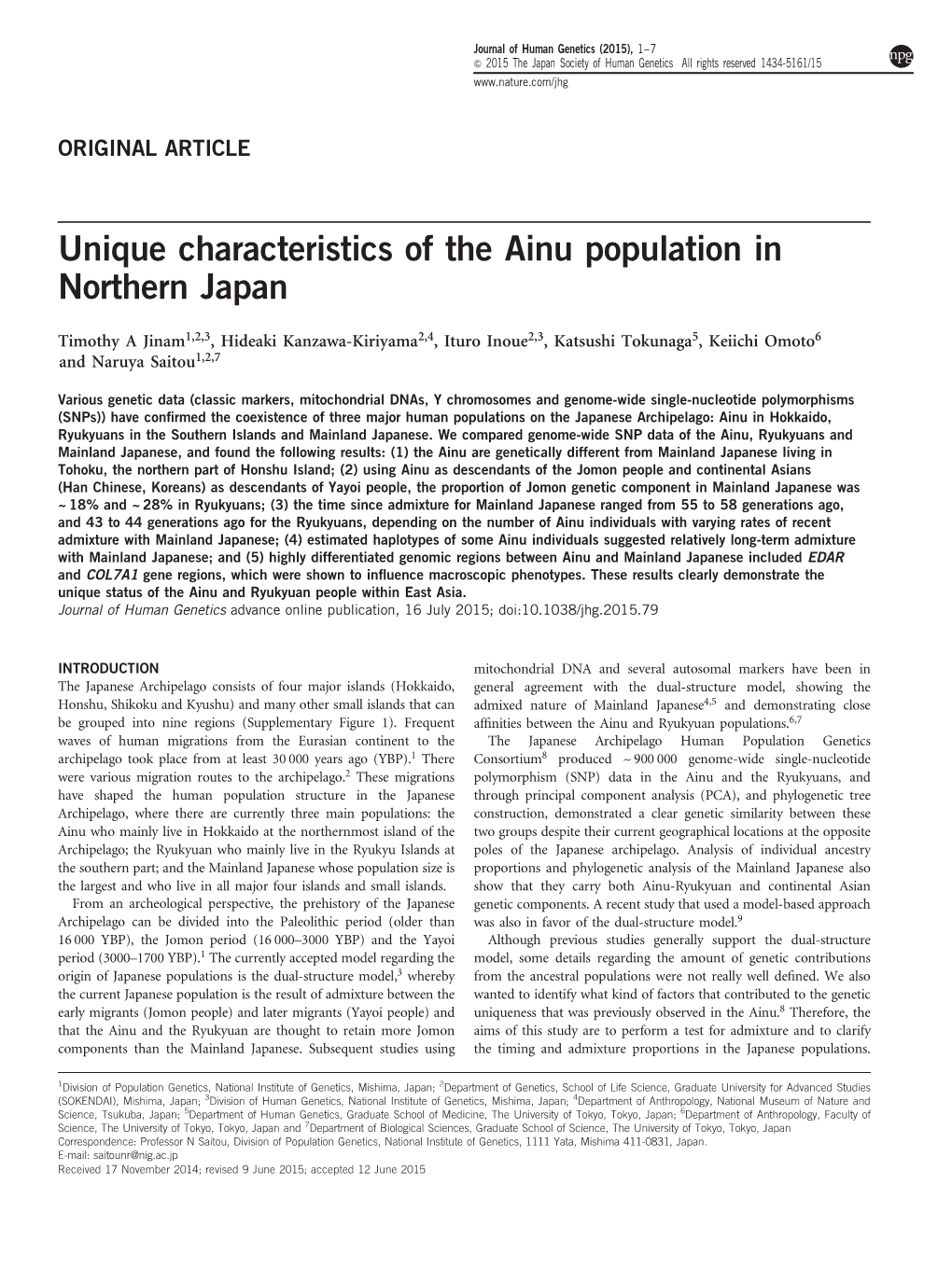 Unique Characteristics of the Ainu Population in Northern Japan