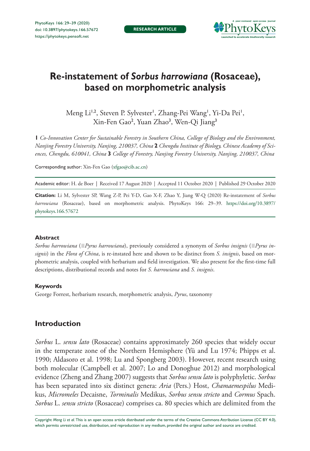 Re-Instatement of Sorbus Harrowiana (Rosaceae), Based on Morphometric Analysis