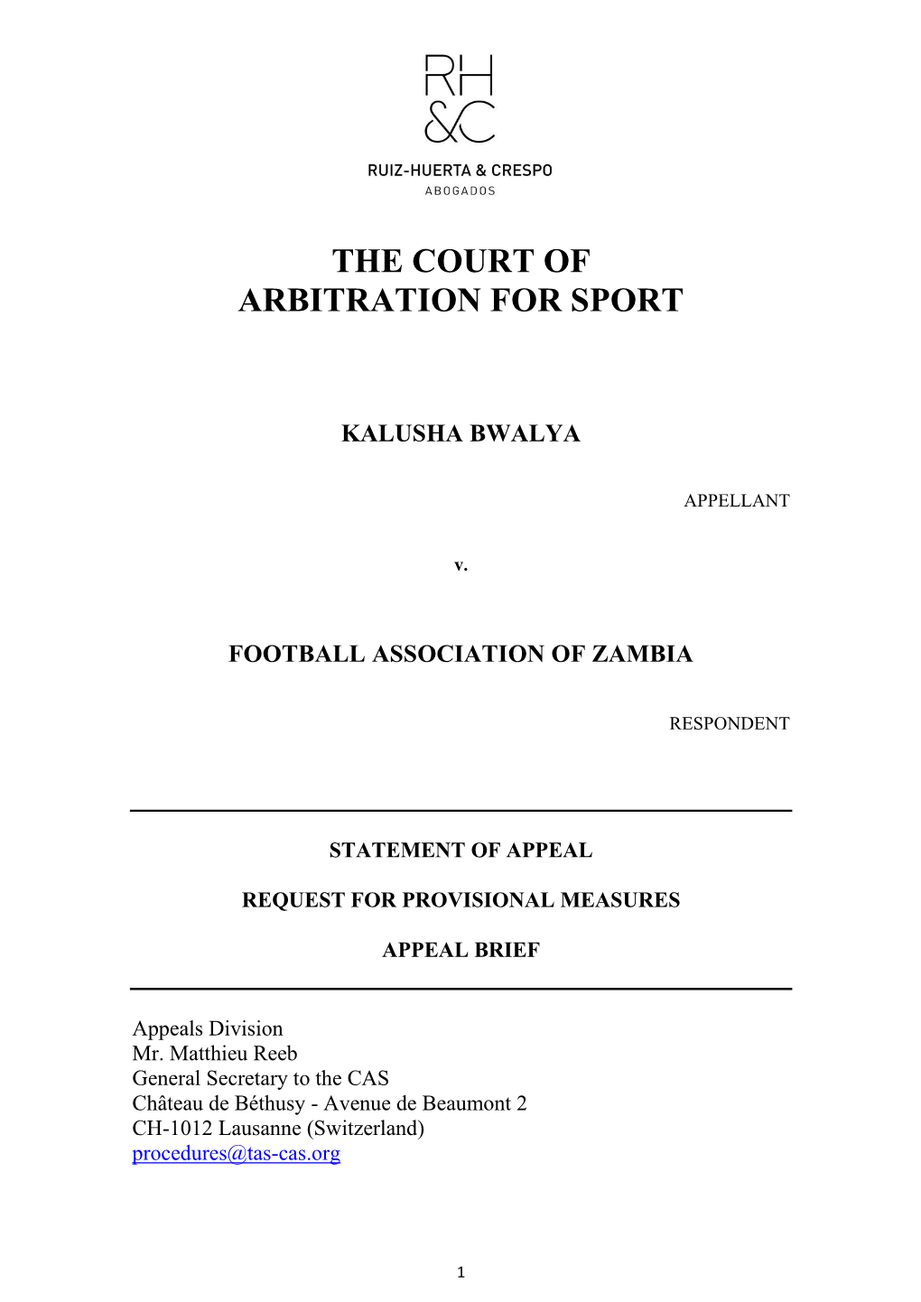 The Court of Arbitration for Sport