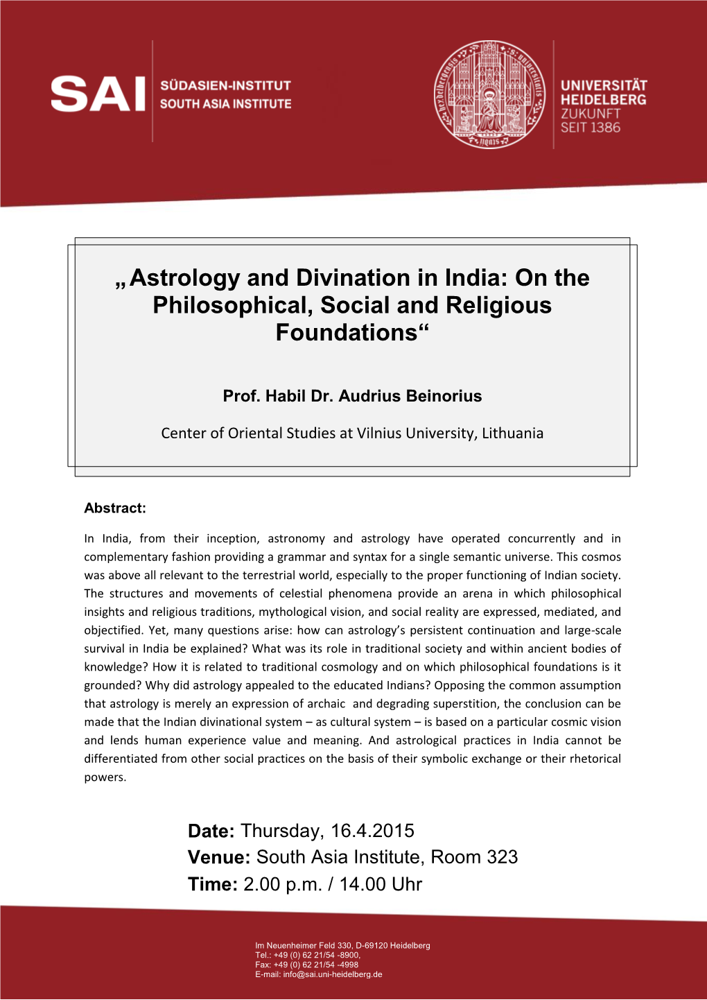 Astrology and Divination in India: on the Philosophical, Social and Religious Foundations“