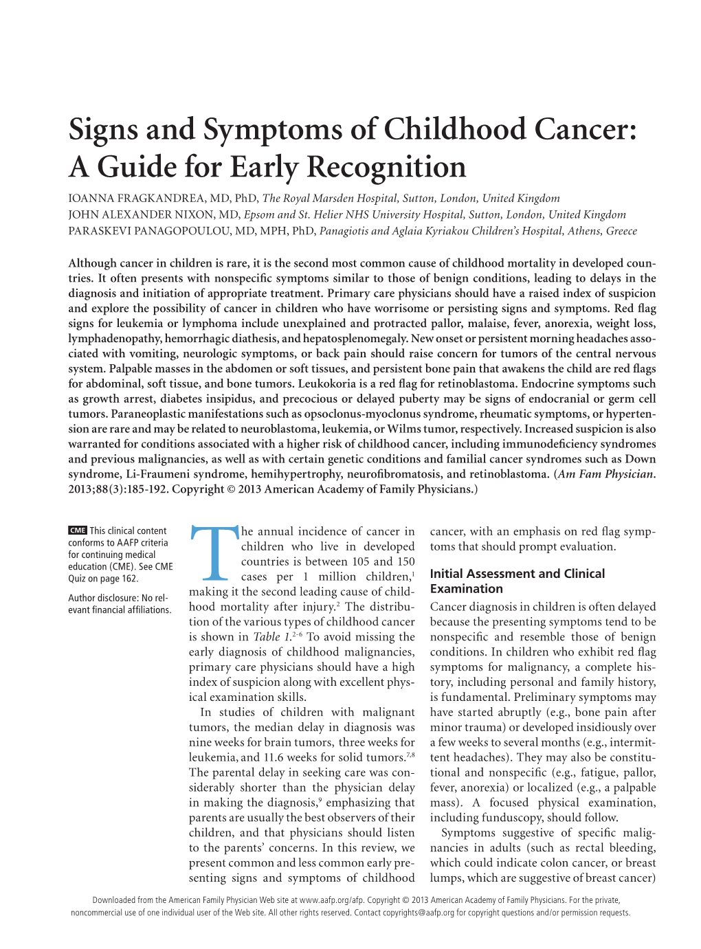 Signs and Symptoms of Childhood Cancer: a Guide for Early Recognition