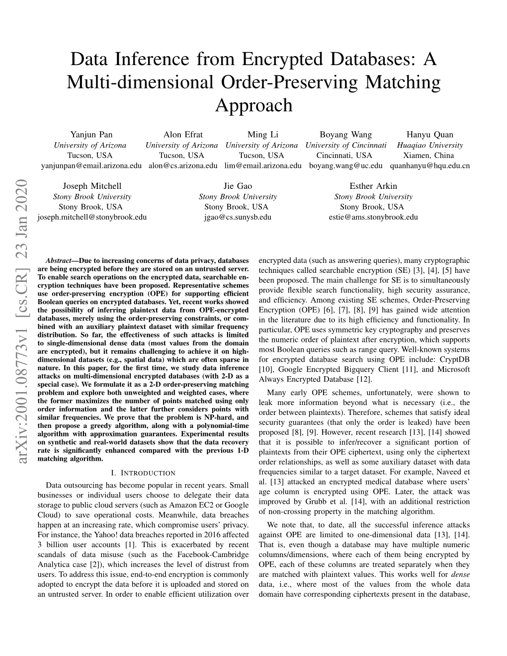 Data Inference from Encrypted Databases: a Multi-Dimensional Order-Preserving Matching Approach