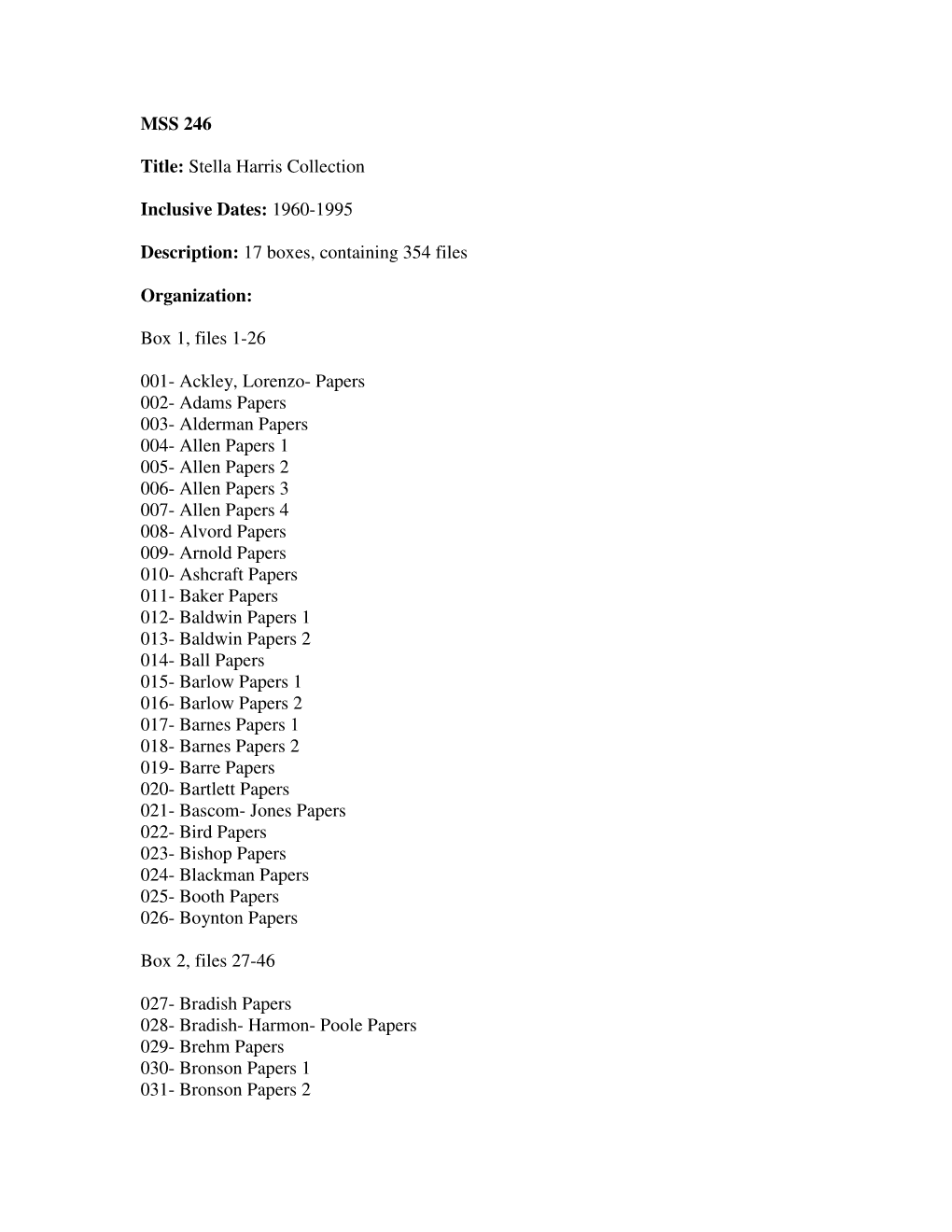 MSS 246 Title: Stella Harris Collection Inclusive Dates