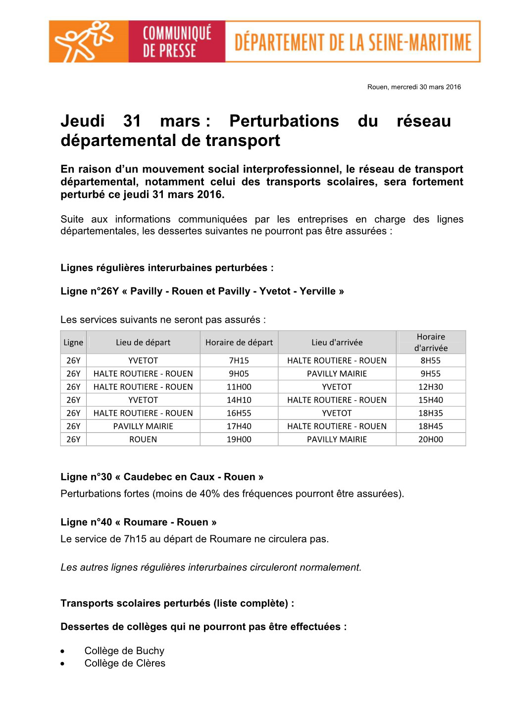 Jeudi 31 Mars : Perturbations Du Réseau Départemental De Transport