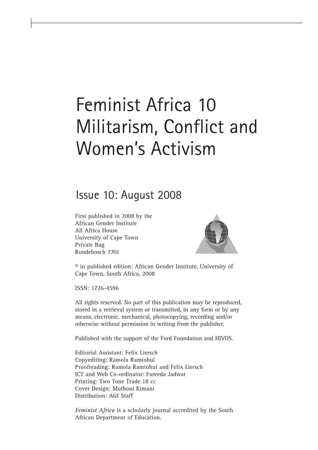 Feminist Africa 10 Militarism, Conflict and Women's Activism