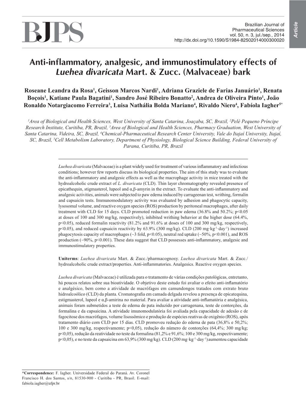 Anti-Inflammatory, Analgesic, and Immunostimulatory Effects of Luehea Divaricata Mart