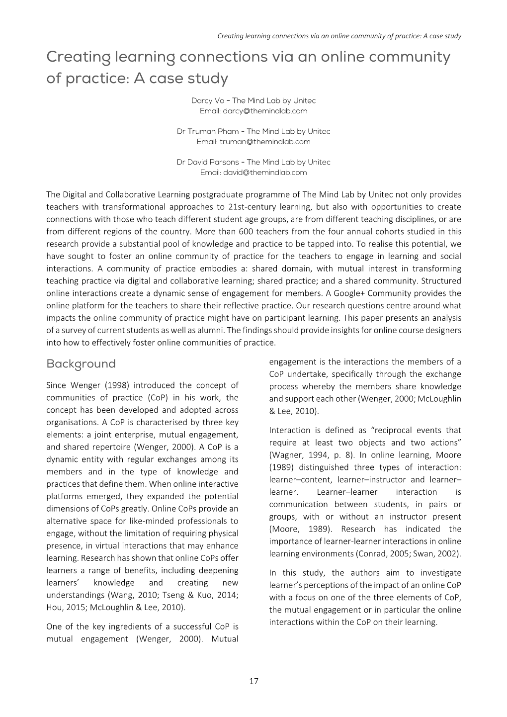 Creating Learning Connections Via an Online Community of Practice: a Case Study Creating Learning Connections Via an Online Community of Practice: a Case Study