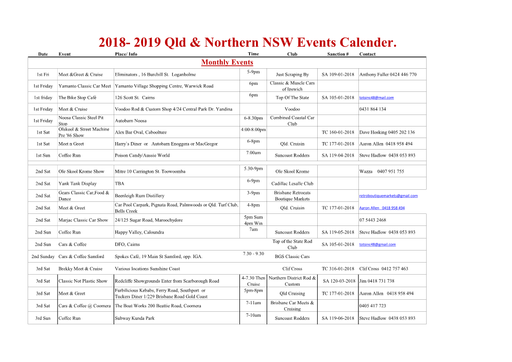 2018- 2019 Qld & Northern NSW Events Calender