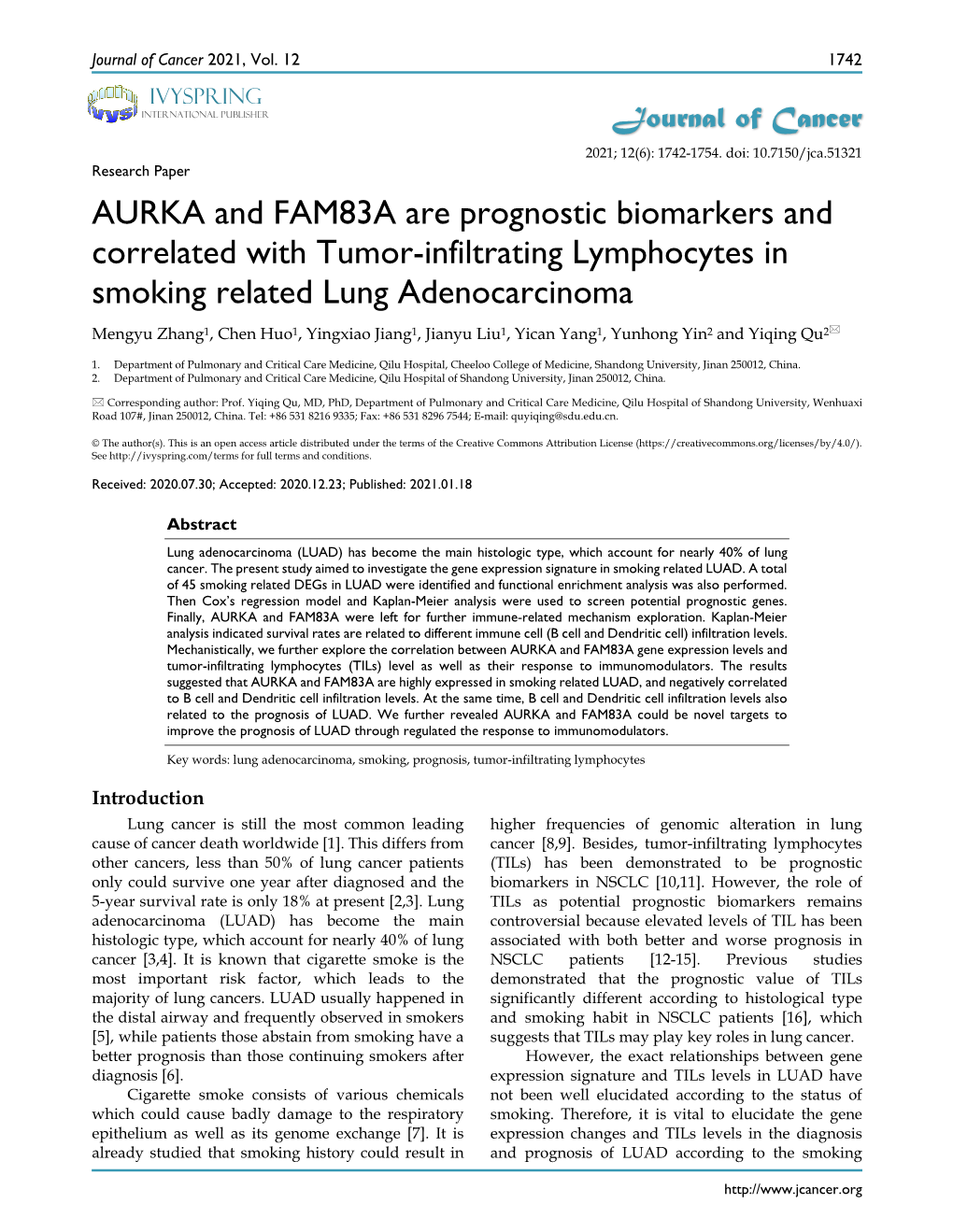 AURKA and FAM83A Are Prognostic Biomarkers and Correlated With