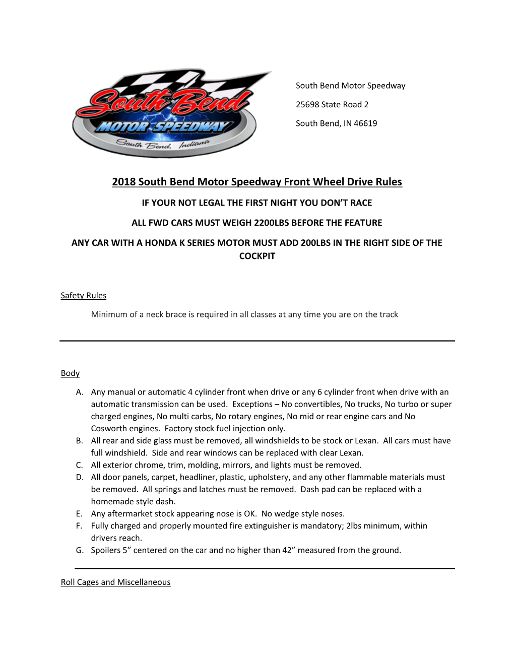 2018 South Bend Motor Speedway Front Wheel Drive Rules