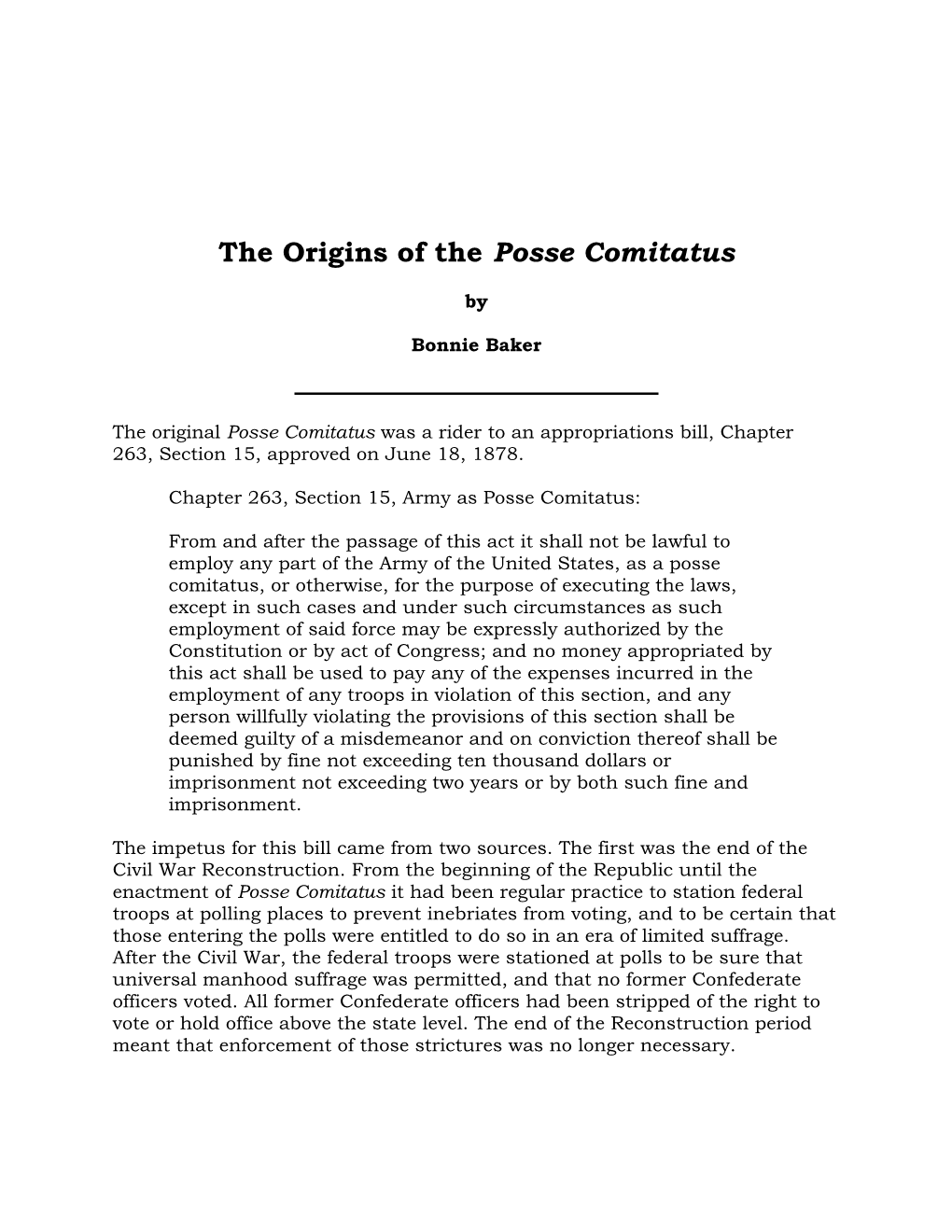 The Origins of the Posse Comitatus