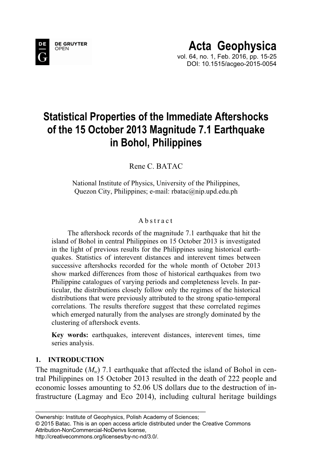 Statistical Properties of the Immediate Aftershocks of the 15 October 2013 Magnitude 7.1 Earthquake in Bohol, Philippines