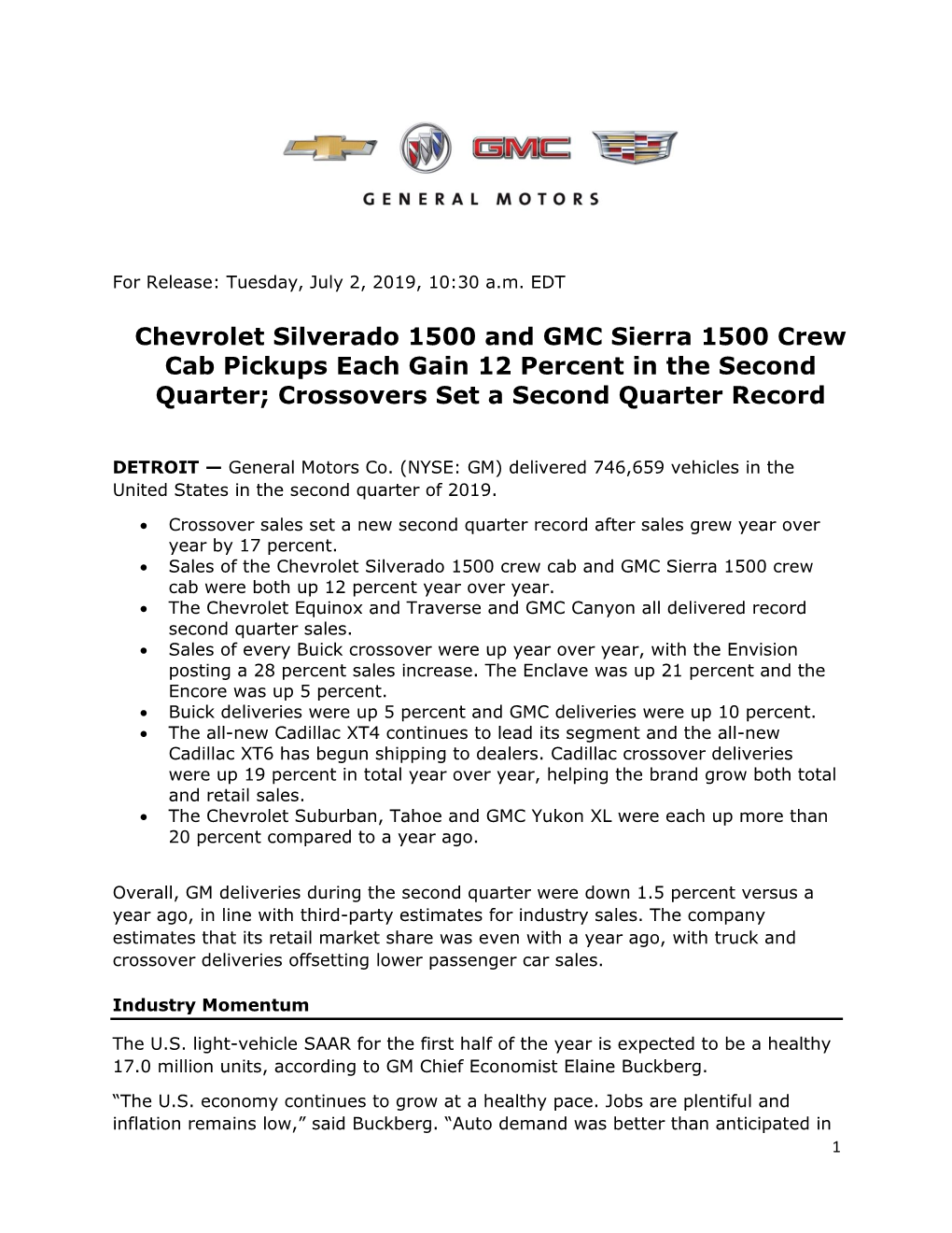 Chevrolet Silverado 1500 and GMC Sierra 1500 Crew Cab Pickups Each Gain 12 Percent in the Second Quarter; Crossovers Set a Second Quarter Record