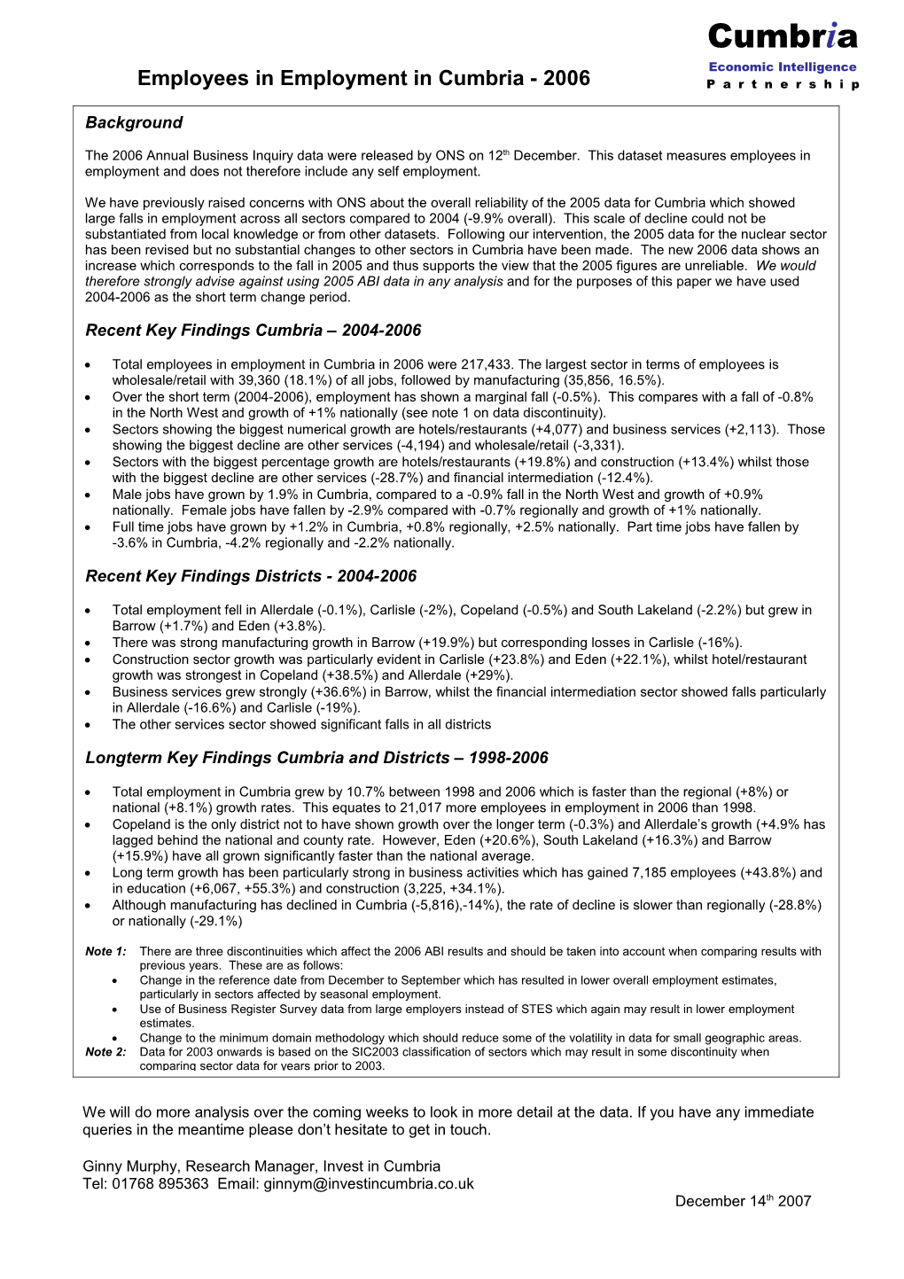 Employees in Employment in Cumbria