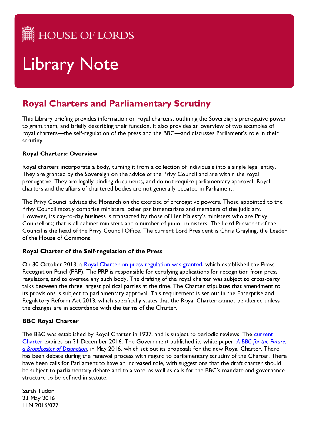 Royal Charters and Parliamentary Scrutiny