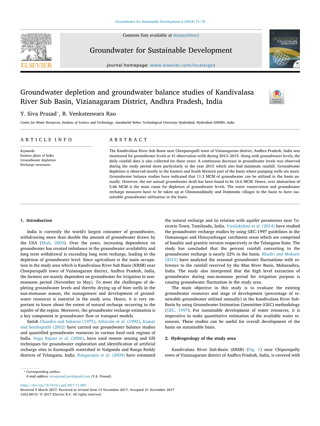 Groundwater Depletion and Groundwater Balance Studies of Kandivalasa T River Sub Basin, Vizianagaram District, Andhra Pradesh, India ⁎ Y