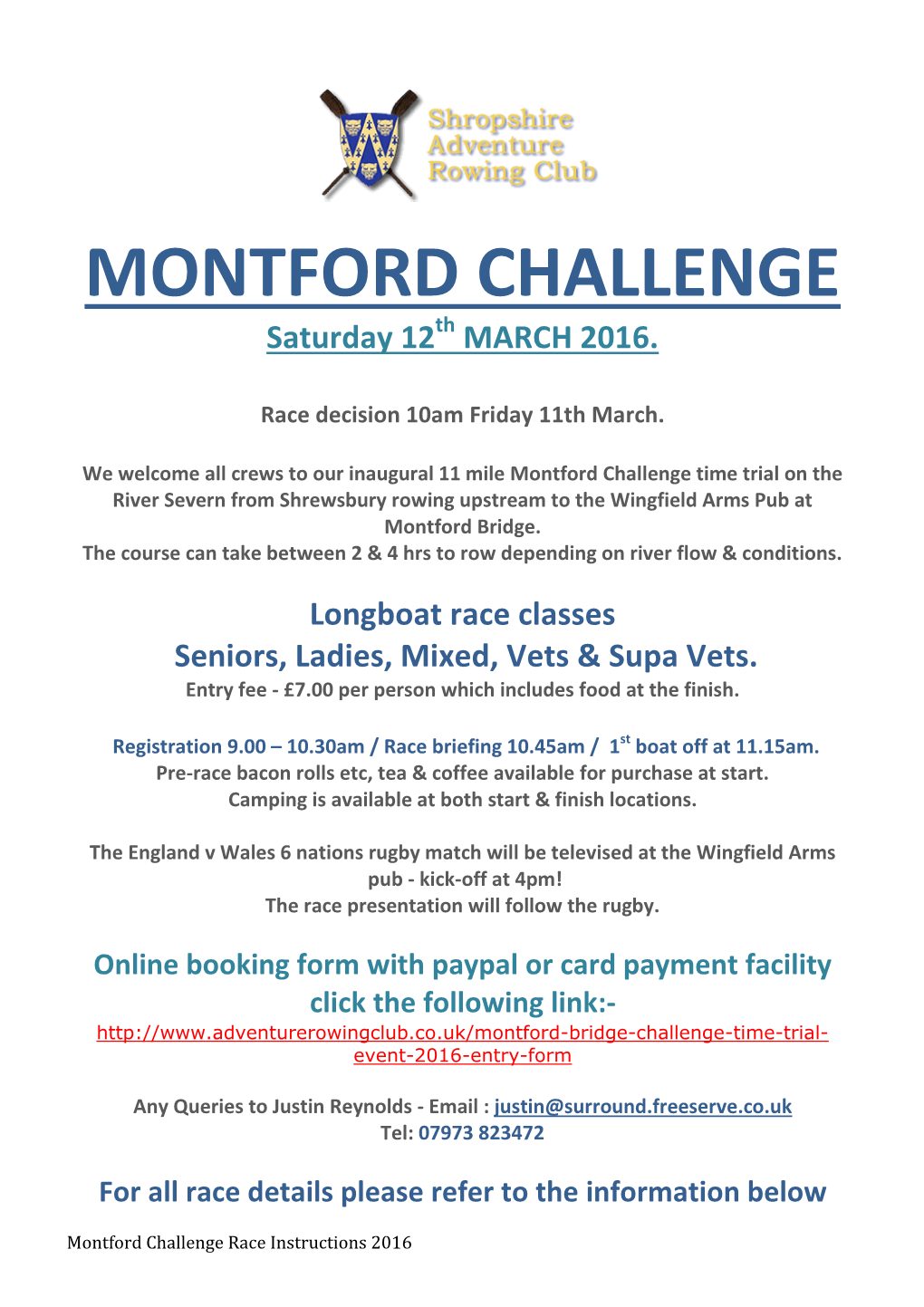 MONTFORD CHALLENGE Saturday 12Th MARCH 2016