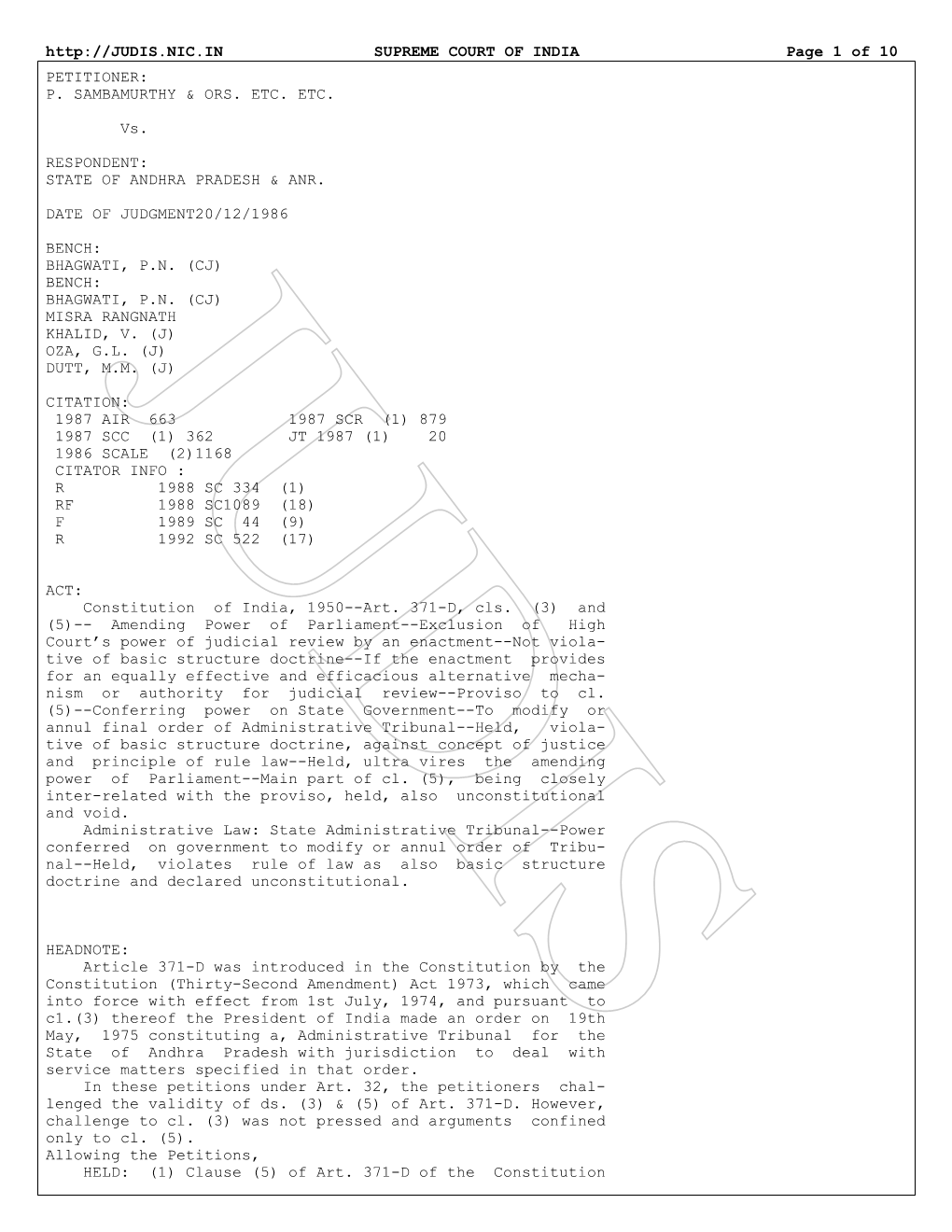 SUPREME COURT of INDIA Page 1 of 10 PETITIONER: P