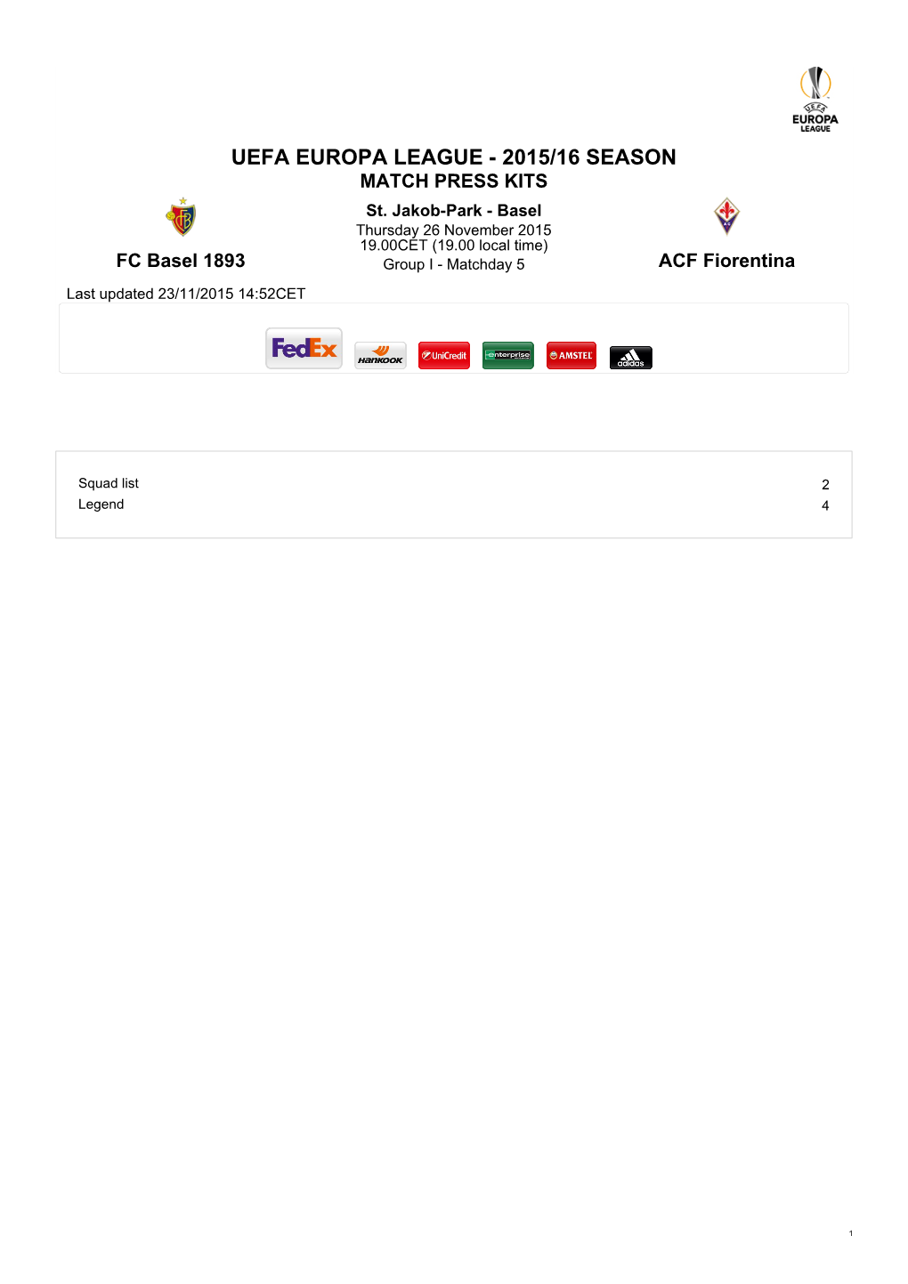 UEFA EUROPA LEAGUE - 2015/16 SEASON MATCH PRESS KITS St