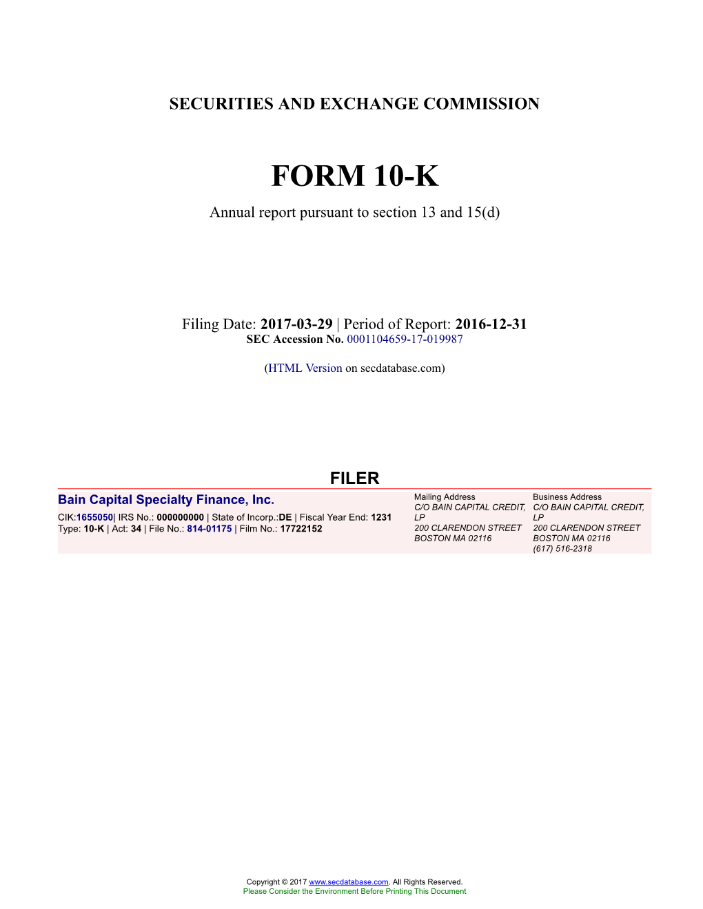 Bain Capital Specialty Finance, Inc. Form 10-K Annual Report Filed 2017-03-29
