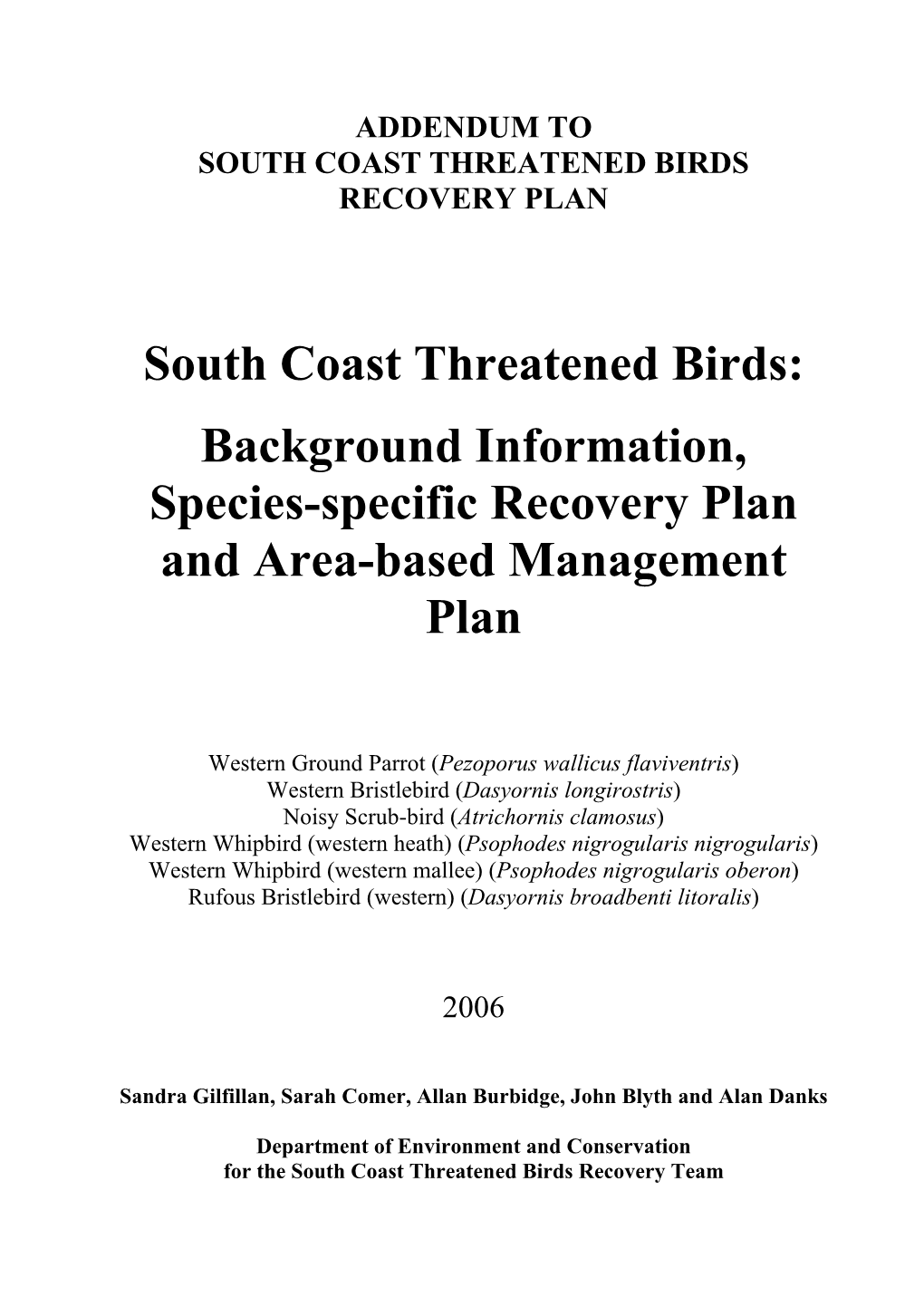 South Coast Threatened Birds Recovery Plan