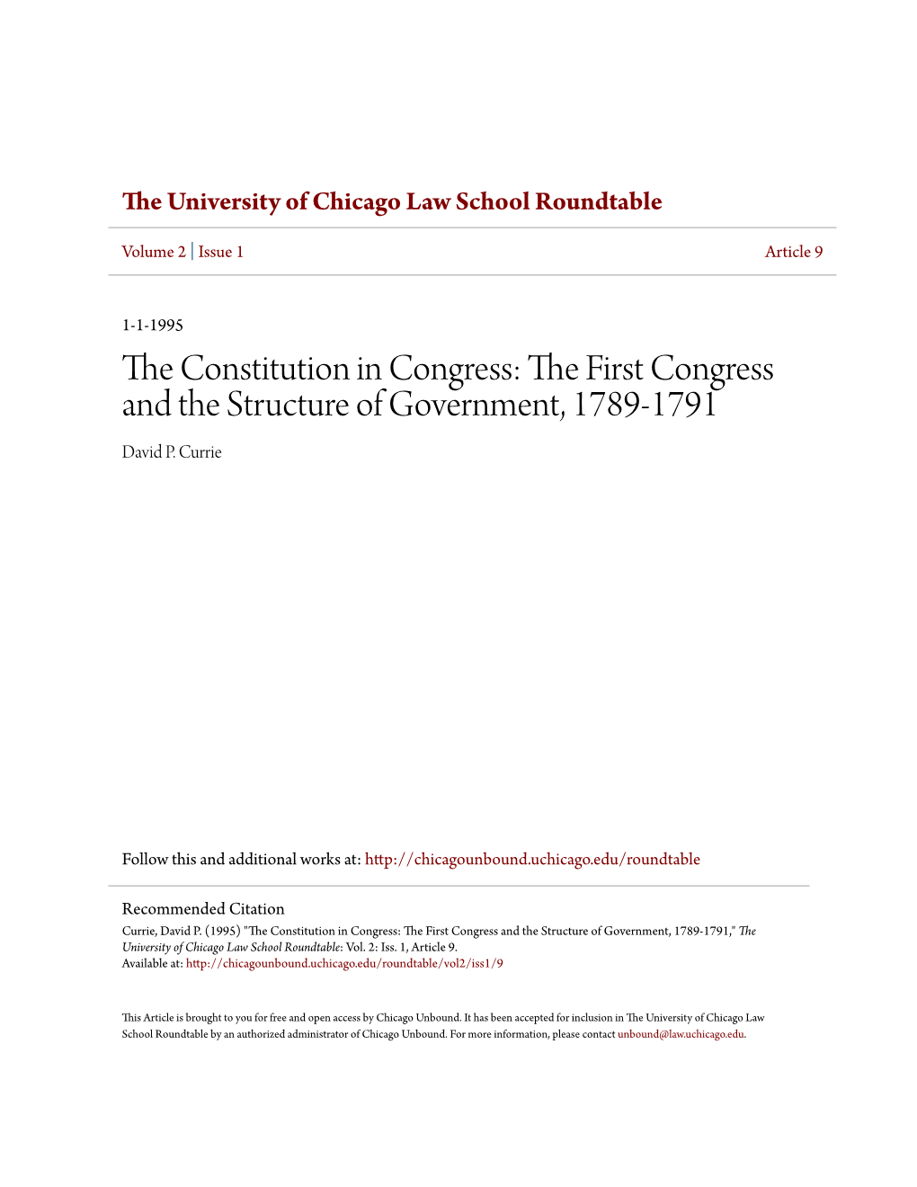 The Constitution in Congress: the First Congress and the Structure of Government, 1789-1791