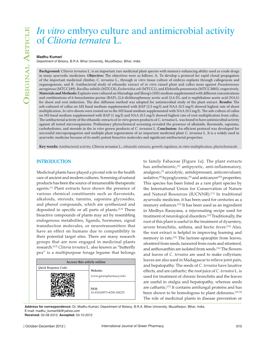 In Vitro Embryo Culture and Antimicrobial Activity of Clitoria Ternatea L