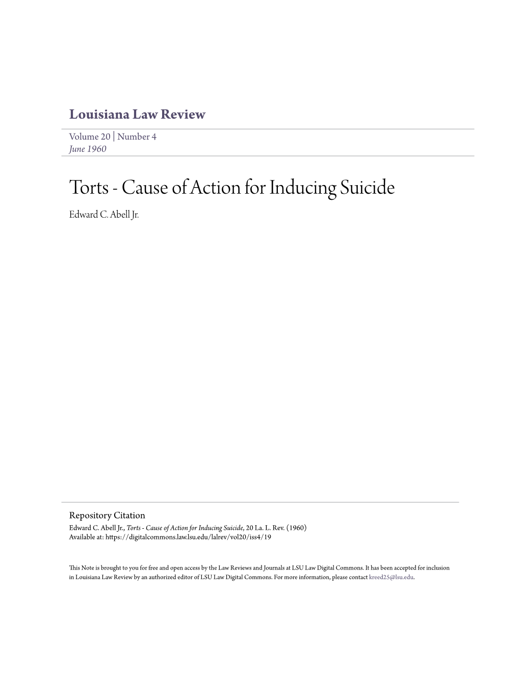 Torts - Cause of Action for Inducing Suicide Edward C